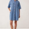 Ceres Life Collarless Relaxed Short Sleeve Denim Dress - Vintage Blue